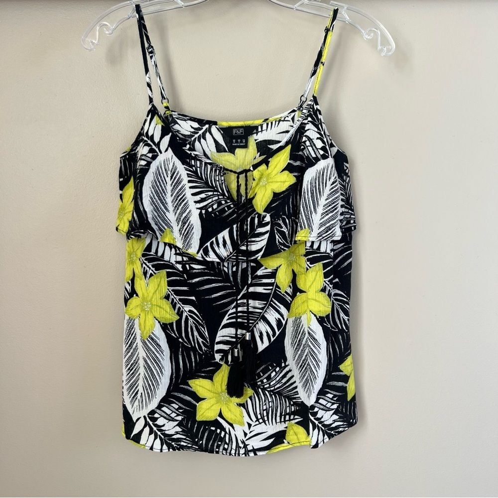 F&F Black Yellow Tropical Hawaiian Ruffle Tie Spaghetti Strap Cami Tank Top SZ 6